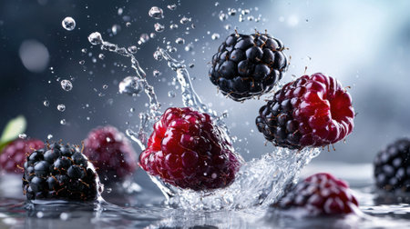 A splash of water surrounds a bunch of blackberries. The water droplets are falling on the berries, creating a beautiful and refreshing scene. Concept of freshness and vitalityの素材