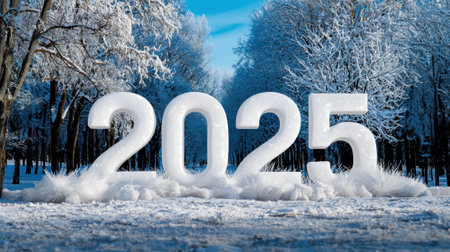 A large snow-covered sign that says "2025" in white letters. The sign is surrounded by snow and is placed in a park-like setting with trees in the backgroundの素材