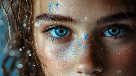 A woman with blue eyes and blue face paint. The blue eye makeup is very bright and stands out against the woman's skinの素材