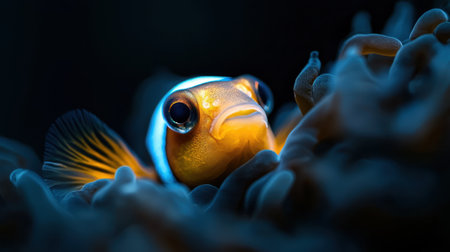 A fish with a yellow face is swimming in the ocean. The fish is surrounded by blue and purple coralの素材