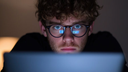 A man with glasses is looking at a computer screen. Concept of focus and concentration as the man stars intently at the screen. The blue light from the screen illuminates his faceの素材