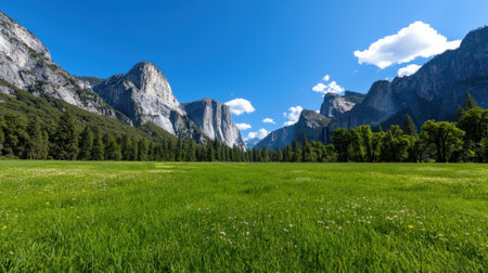 The expansive green meadows of Yosemite Valley showcase towering granite cliffs and vibrant blue skies dotted with fluffy clouds. It is a stunning natural landscape inviting exploration.の素材