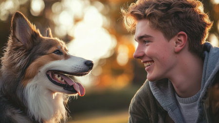 A young man interacts playfully with his dog during a sunny afternoon in the park. Both share a moment of happiness with vibrant autumn colors in the background.の素材