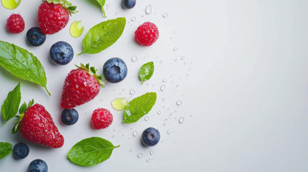 A vibrant assortment of red raspberries, blueberries, and fresh mint leaves are artistically placed on a light surface, illuminated by gentle light, enhancing their freshness.の素材