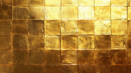 The surface features a grid of gleaming golden tiles, reflecting light and adding depth. The artwork exudes a sense of opulence and elegance, perfect for luxurious interior settings.の素材