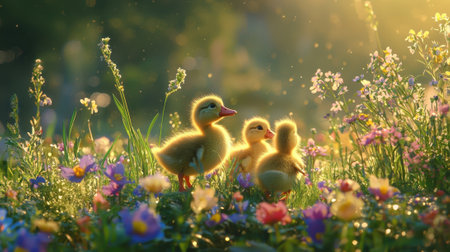 Three fluffy ducklings wander through a colorful meadow filled with blooming flowers, illuminated by warm sunlight during a peaceful spring evening.の素材