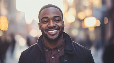 A young man stands confidently in an urban area, smiling brightly as warm sunlight filters through the tall buildings behind him. The atmosphere is lively and vibrant.の素材