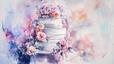 A watercolor painting of a white cake with pink and purple flowers on it. The cake is sitting on a plate and the flowers are arranged around it. The painting has a soft, dreamy feel to itの素材