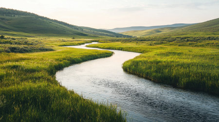 A river runs through a grassy field. The water is calm and the grass is lush and green. The scene is peaceful and serene, with the river providing a sense of tranquilityの素材