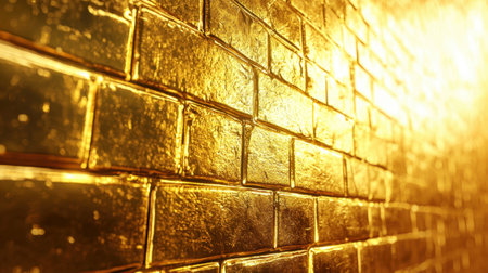A wall of gold bricks with a golden hue. The bricks are arranged in a way that creates a sense of depth and texture. The wall appears to be part of a larger structureの素材