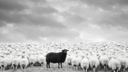 A lone black sheep is surrounded by a sea of white sheep in a vast field. The dramatic cloudy sky creates a striking contrast, emphasizing the unique black sheep.の素材