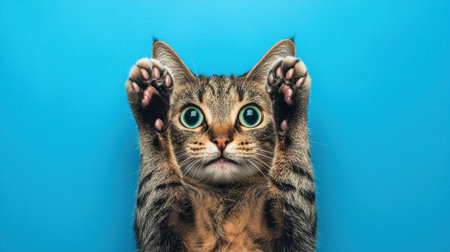 A cat with green eyes is looking at the camera. The cat is stretched out and has its paws up in the air. The image has a playful and curious mood, as the cat seems to be posing for the cameraの素材