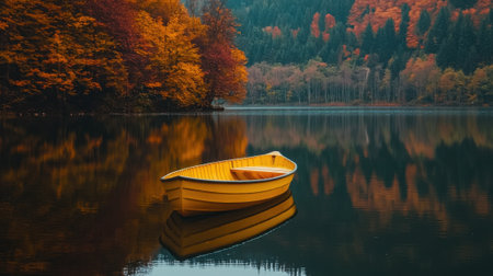 A yellow boat sits in a lake surrounded by trees. The water is calm and the reflection of the trees and the boat can be seen in the water. The scene is peaceful and sereneの素材