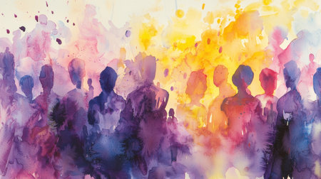 A painting of a crowd of people with a yellow sun in the background. The painting conveys a sense of unity and togetherness among the peopleの素材