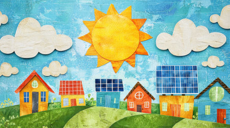 Brightly colored paper houses with solar panels are set against a blue sky filled with fluffy clouds and a sun, promoting eco-friendly living in a joyful landscape.の素材