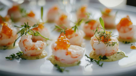 A plate of shrimp with a creamy sauce and garnish. The shrimp are arranged in a neat row, and the sauce is spread evenly over them. The garnish adds a pop of color and texture to the dishの素材