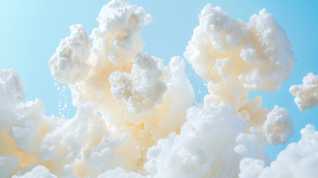Fluffy white clouds create a dreamy atmosphere against a vivid blue background. The soft textures and bright colors evoke a sense of tranquility and wonder in the sky.の素材