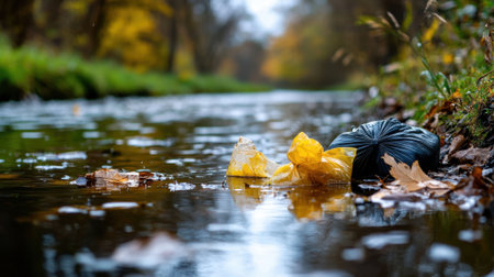 A river with trash floating in it. The trash is plastic bags and leaves. Scene is sad and dirtyの素材