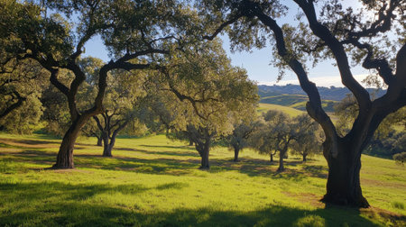 Lush green grass stretches across a valley dotted with majestic oak trees under golden sunlight. The tranquil setting offers a peaceful escape into nature during the late afternoon.の素材