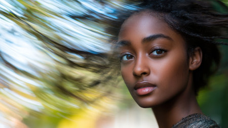 A young woman with stunning features and flowing hair stands in an outdoor location surrounded by nature. Sunlight highlights her soft skin as her hair sways with the gentle breeze.の素材