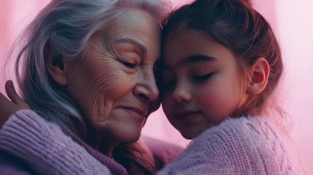 A young girl and her grandmother share a tender moment, embracing each other with closed eyes and warm smiles, showingcasing their deep connection and love in a cozy environment.の素材