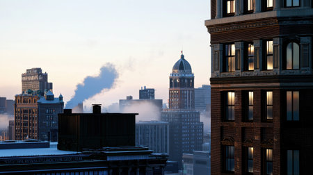 A city skyline with a large building in the middle and a smokestack in the backgroundの素材