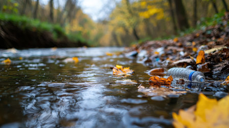 A bottle of water is floating in a river. The bottle is blue and has a cap. The water is murky and the leaves are floating on the surface. The scene is peaceful and sereneの素材