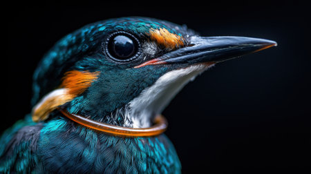A bird with a blue head and orange beak. The bird is wearing a necklace. The necklace is orange and is around the bird's neckの素材