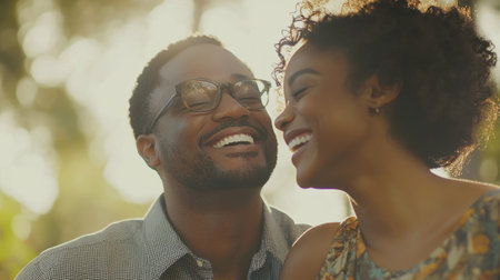 A couple is enjoying each other's company under the warm sun, exchanging smiles and laughter. They are surrounded by a beautiful natural background that enhances their happiness.の素材