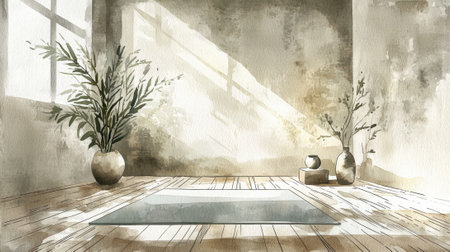 Bright room featuring a yoga mat, soft wooden flooring, and potted plants. Sunlight streams through the window, creating a peaceful and calm atmosphere for practice.の素材