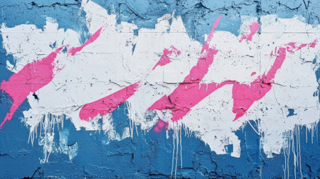 This artwork showcases an urban mural with striking pink streaks and splashes of white against a cracked blue wall, emphasizing vibrant street art culture in the city.の素材