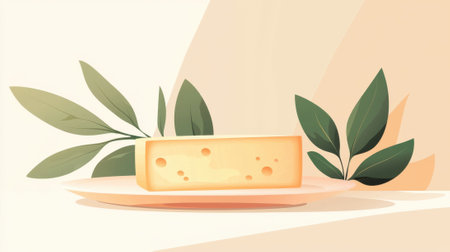 A slice of cheese is on a white plate with a leaf on top. The plate is placed on a tableの素材