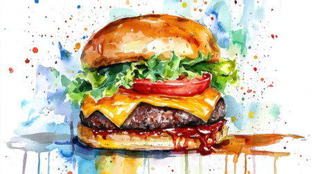 A detailed illustration presents a delicious cheeseburger loaded with lettuce, tomato, and melted cheese. Bright colors and splashes create a lively atmosphere.の素材