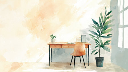 A well-arranged workspace features a wooden desk paired with a stylish chair, complemented by green plants. Natural light floods the area, enhancing the tranquil atmosphere.の素材