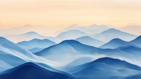 Soft blue mountains stretch across the horizon, gently layered and kissed by early sunlight. The pastel sky glows, creating a tranquil atmosphere at dawn.の素材