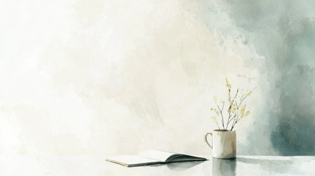 A serene workspace features an open notebook beside a simple vase holding delicate flowers. The backdrop showcases soft, muted colors, creating a calm atmosphere.の素材