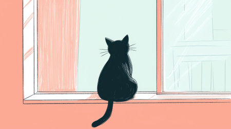 A black cat is sitting on a window sill looking out the window. The cat is looking out the window and he is curious about what is outsideの素材