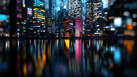 Colorful skyscrapers tower against the night sky, their lights shimmering on the still water below. The vibrant city life is captured in this stunning urban view.の素材