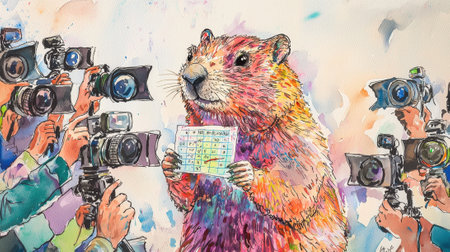 A colorful groundhog stands proudly, displaying a prediction sign while surrounded by numerous photographers capturing the moment. The lively atmosphere suggests an exciting announcement.の素材