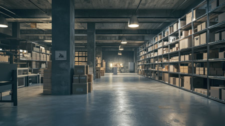 A spacious industrial storage facility features long rows of shelves filled with neatly stacked boxes. Warm lighting creates a calm atmosphere in the evening hours.の素材