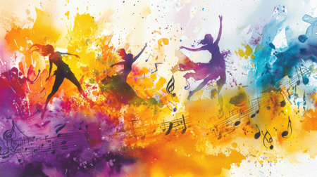Energetic dancers leap gracefully amid swirling colors and musical notes, capturing a sense of joy and creativity. The lively ambiance suggests a celebration of movement and art.の素材
