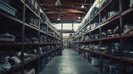 A warehouse with many shelves and boxes. The boxes are stacked on top of each other and are of different sizes. The boxes are mostly empty, but there are a few that are partially filledの素材