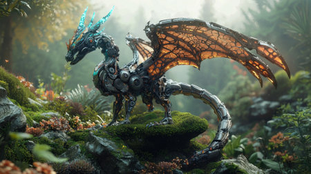 A robotic dragon with intricate metallic features and glowing accents stands on a moss-covered rock. The vibrant forest in the background enhances its fantasy allure.の素材