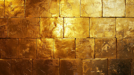 Gleaming gold leaf squares are meticulously aligned on a textured background, reflecting light and creating an opulent atmosphere.の素材