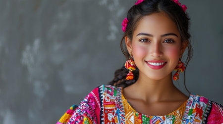 Young woman beams with joy while wearing a vibrant traditional outfit adorned with intricate patterns. Her charming accessories enhance the festive look against a simple backdrop.の素材