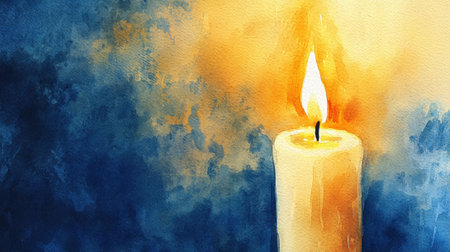 A single candle burns brightly, casting a soft glow in a serene setting. The golden light contrasts with the deep blue background, creating a calming atmosphere.の素材