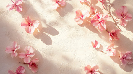 A collection of delicate pink flowers is scattered across a soft, light-colored surface, casting gentle shadows that enhance the tranquil atmosphere of the setting.の素材