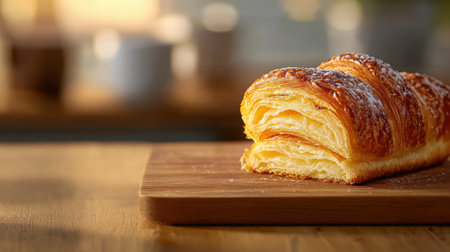 A warm, flaky croissant is placed on a wooden board, showing its golden layers. The cozy kitchen background highlights the morning atmosphere.の素材