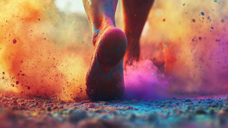 Participants run energetically through a vibrant outdoor venue, colorful powder erupting around their feet, creating a lively atmosphere filled with excitement and movement.の素材