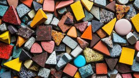 Many small, colorful geometric shapes are scattered across a flat surface, showing various textures and hues under natural light, creating an eye-catching mosaic effect.の素材